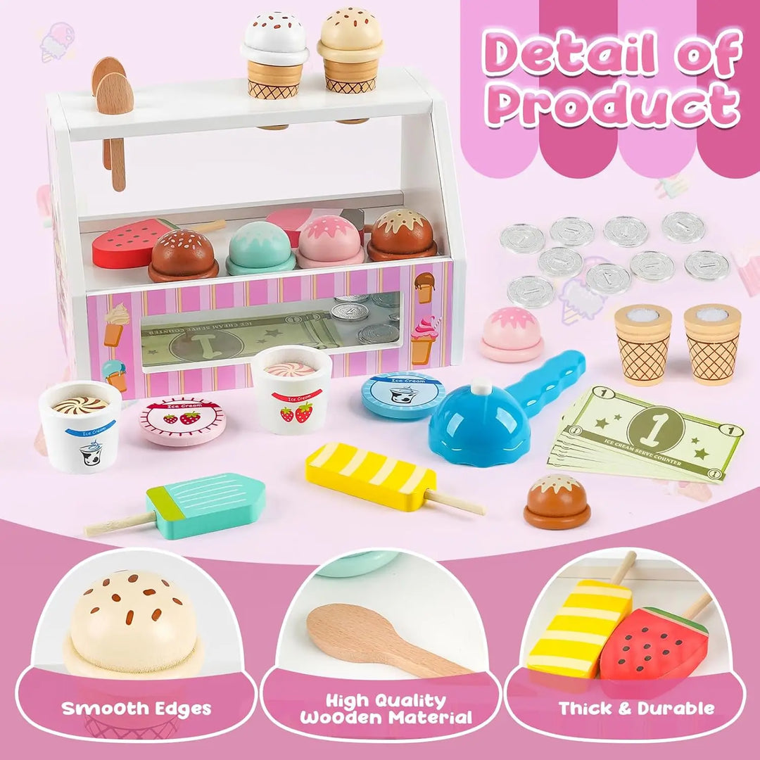 38 PCS Wooden Ice Cream Set Shop for Toddlers