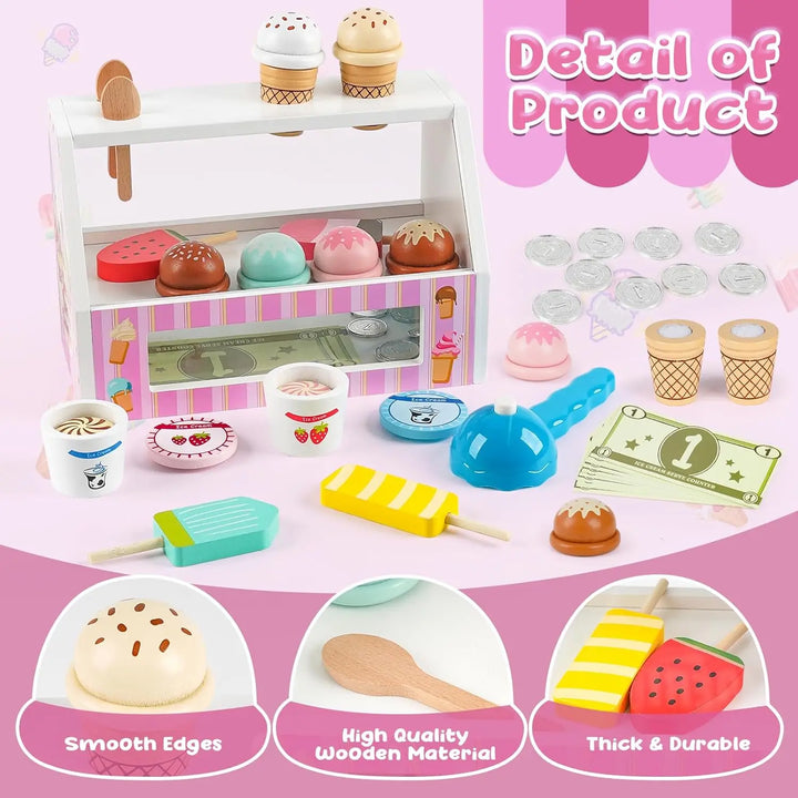38 PCS Wooden Ice Cream Set Shop for Toddlers