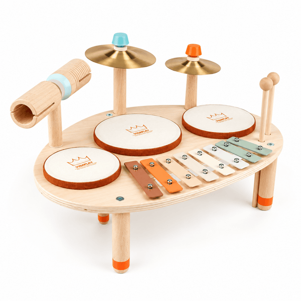 A wooden toy drum set with cymbals, drum pads, a xylophone, and mallets on a white background.