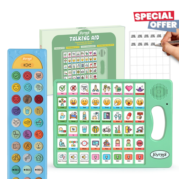 AAC speech device bundle with communication board and blue carrying case