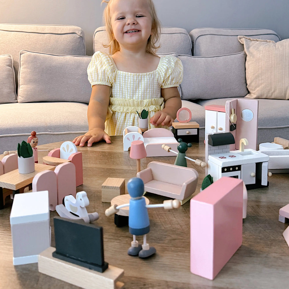 Wooden Dollhouse Furniture Set with Dolls