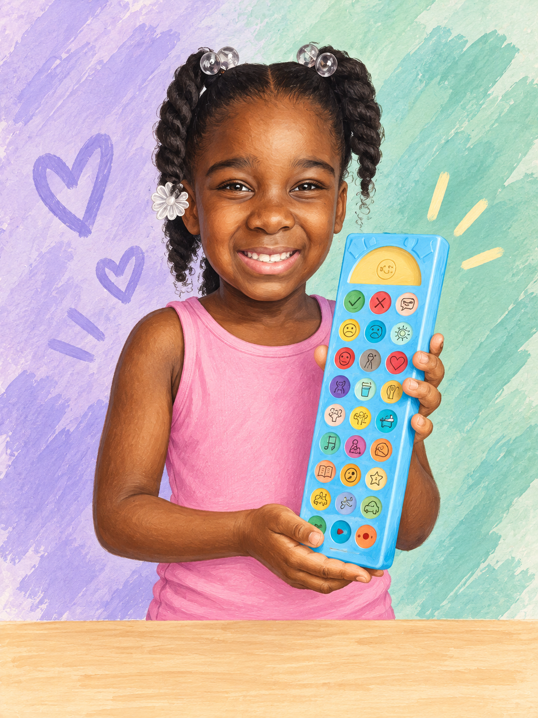 a smiling girl holding a AAC communication board
