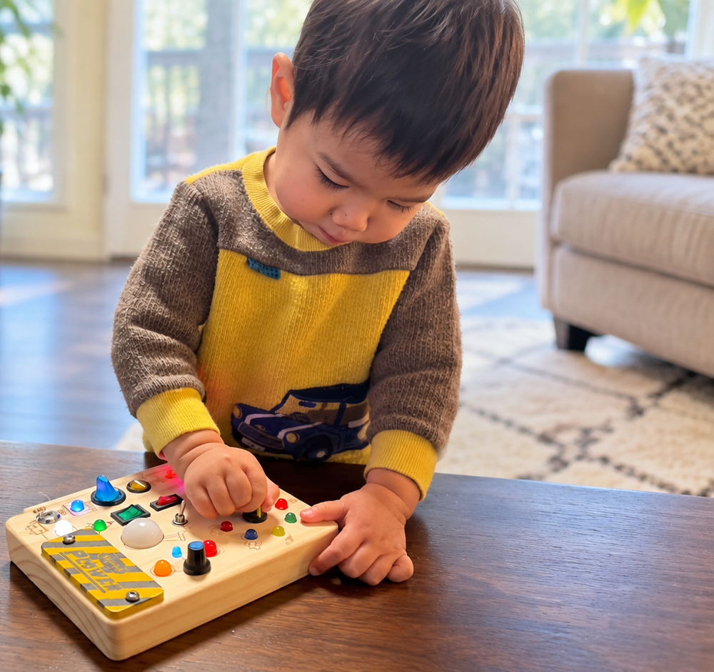 Child playing with a wooden Montessori busy board at home while developing fine motor and problem-solving skills