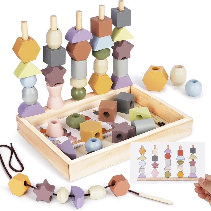 Wooden Montessori Lacing Beads & Stacking Blocks – Educational Toy for 3+ Year Olds