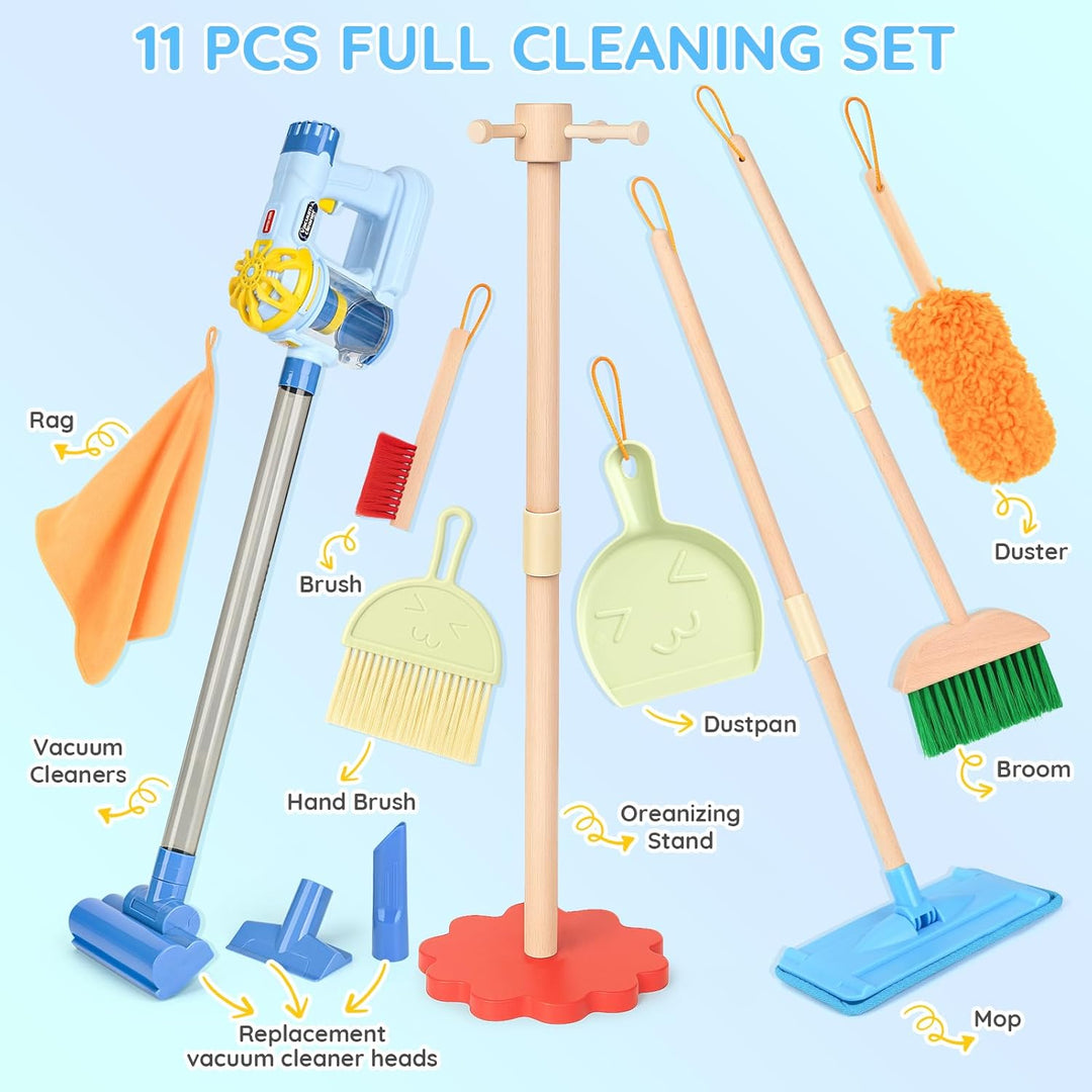 Wooden Kids Cleaning Set with Vacuum, 11 PCS Montessori Toys for Ages 3-6