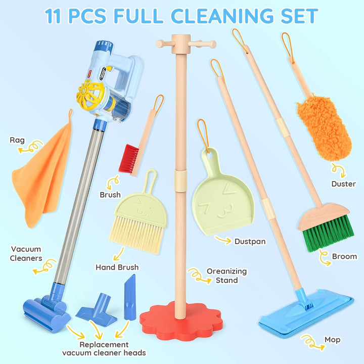Wooden Kids Cleaning Set with Vacuum, 11 PCS Montessori Toys for Ages 3-6