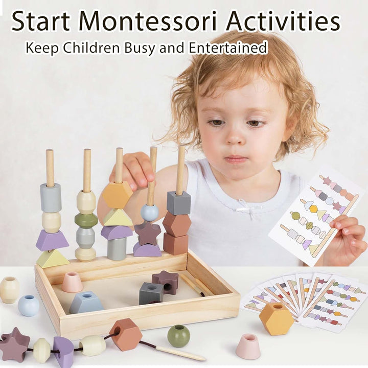 Wooden Montessori Lacing Beads & Stacking Blocks – Educational Toy for 3+ Year Olds