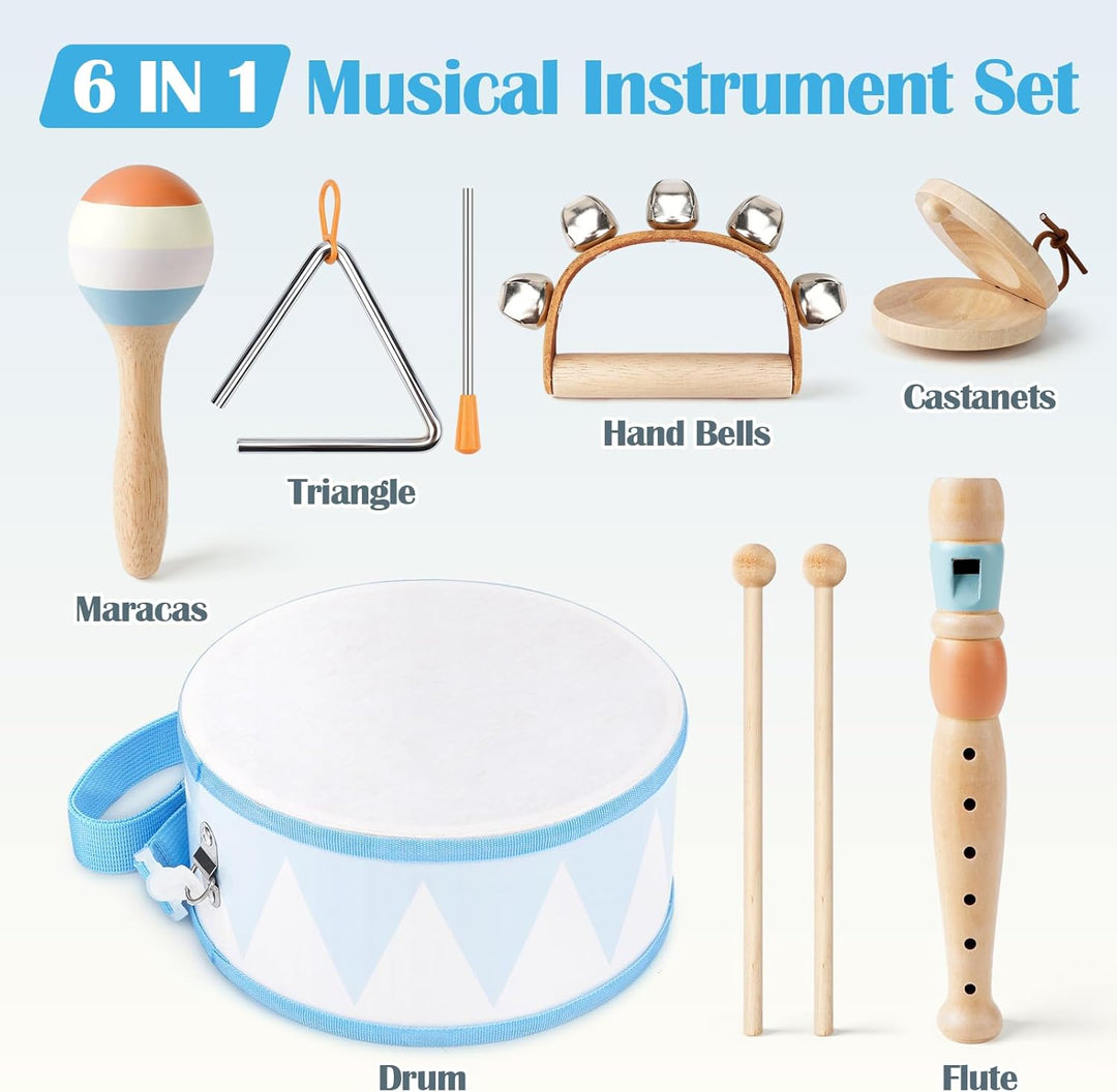 Toddlers Drum Set - 6-in-1 Wooden Montessori Musical Toys for 2-4 Year Olds