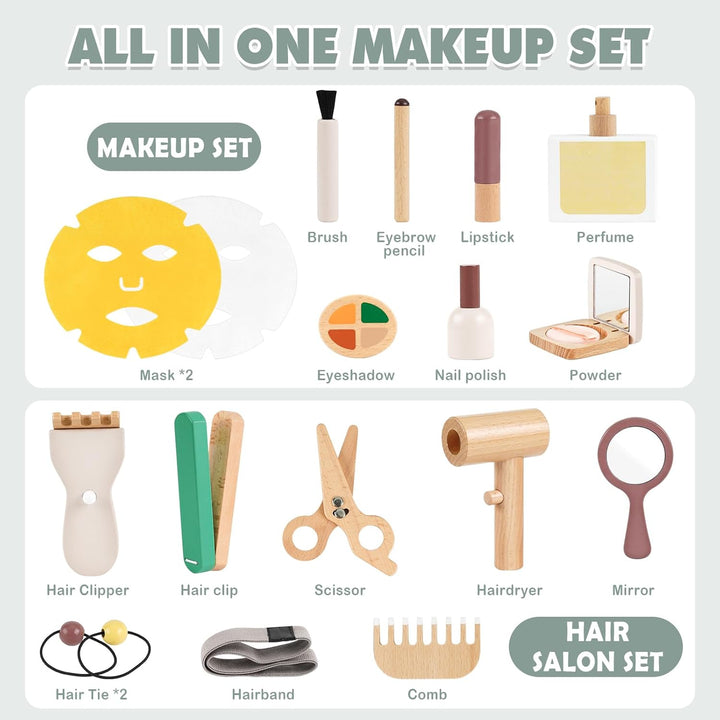 Wooden Montessori Makeup & Hair Salon Toy – Pretend Play for 2-5 Year Old Girls