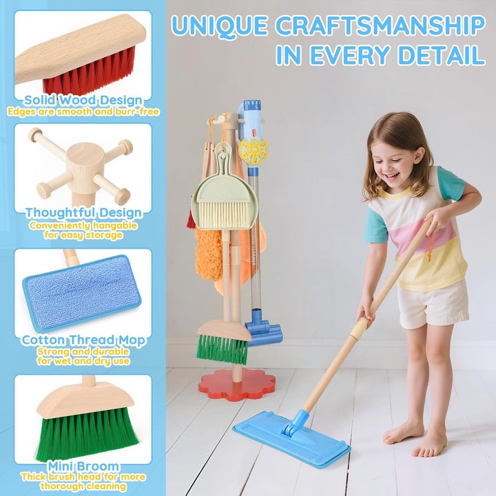 Wooden Kids Cleaning Set with Vacuum, 11 PCS Montessori Toys for Ages 3-6