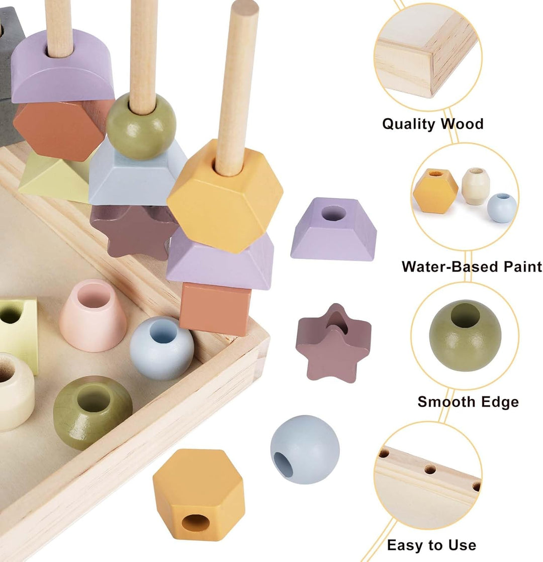 Wooden Montessori Lacing Beads & Stacking Blocks – Educational Toy for 3+ Year Olds