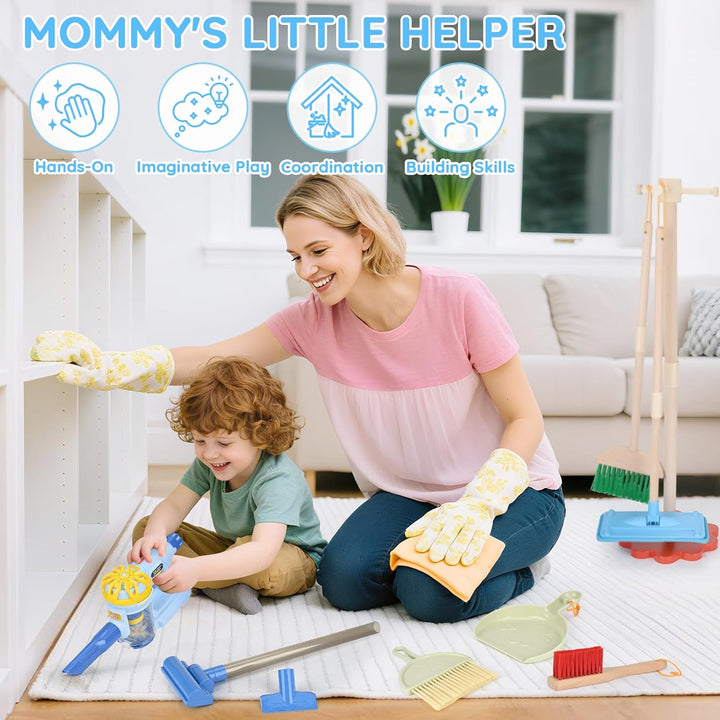 Wooden Kids Cleaning Set with Vacuum, 11 PCS Montessori Toys for Ages 3-6