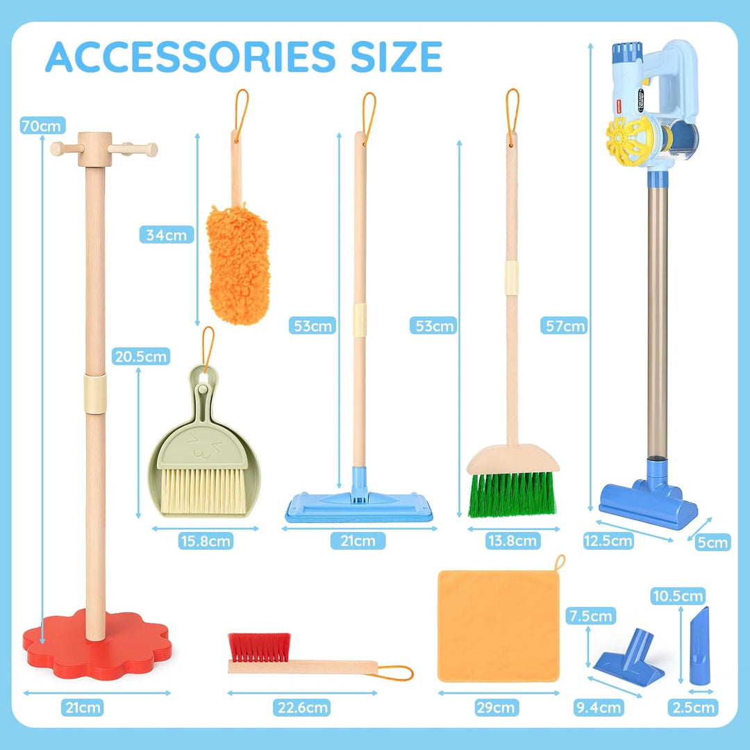 Wooden Kids Cleaning Set with Vacuum, 11 PCS Montessori Toys for Ages 3-6