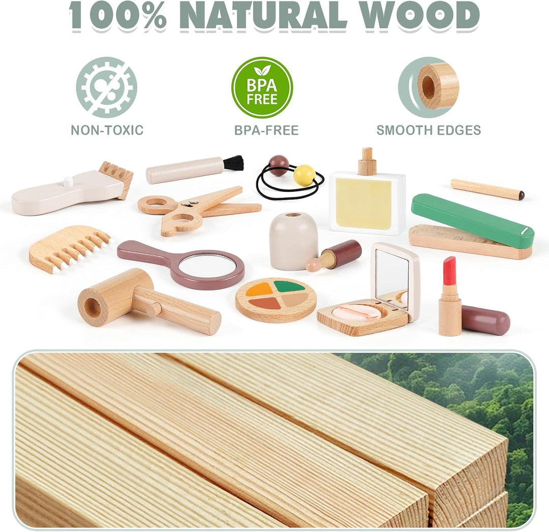 Wooden Montessori Makeup & Hair Salon Toy – Pretend Play for 2-5 Year Old Girls