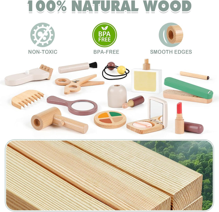 Wooden Montessori Makeup & Hair Salon Toy – Pretend Play for 2-5 Year Old Girls