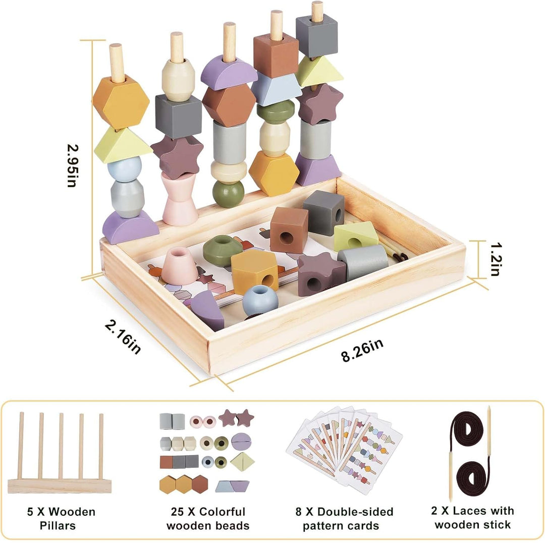 Wooden Montessori Lacing Beads & Stacking Blocks – Educational Toy for 3+ Year Olds