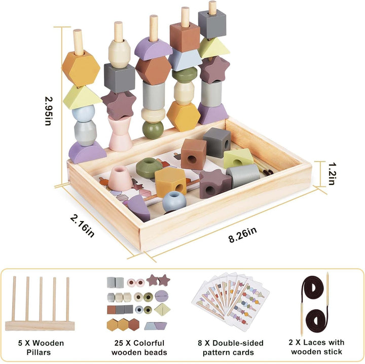 Wooden Montessori Lacing Beads & Stacking Blocks – Educational Toy for 3+ Year Olds