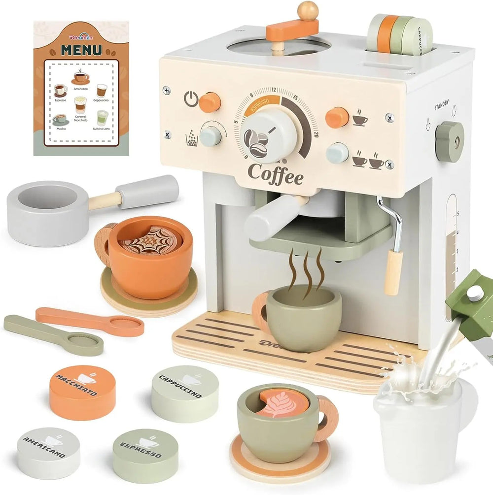 Wooden Toy Coffee Maker Playset for Kids 