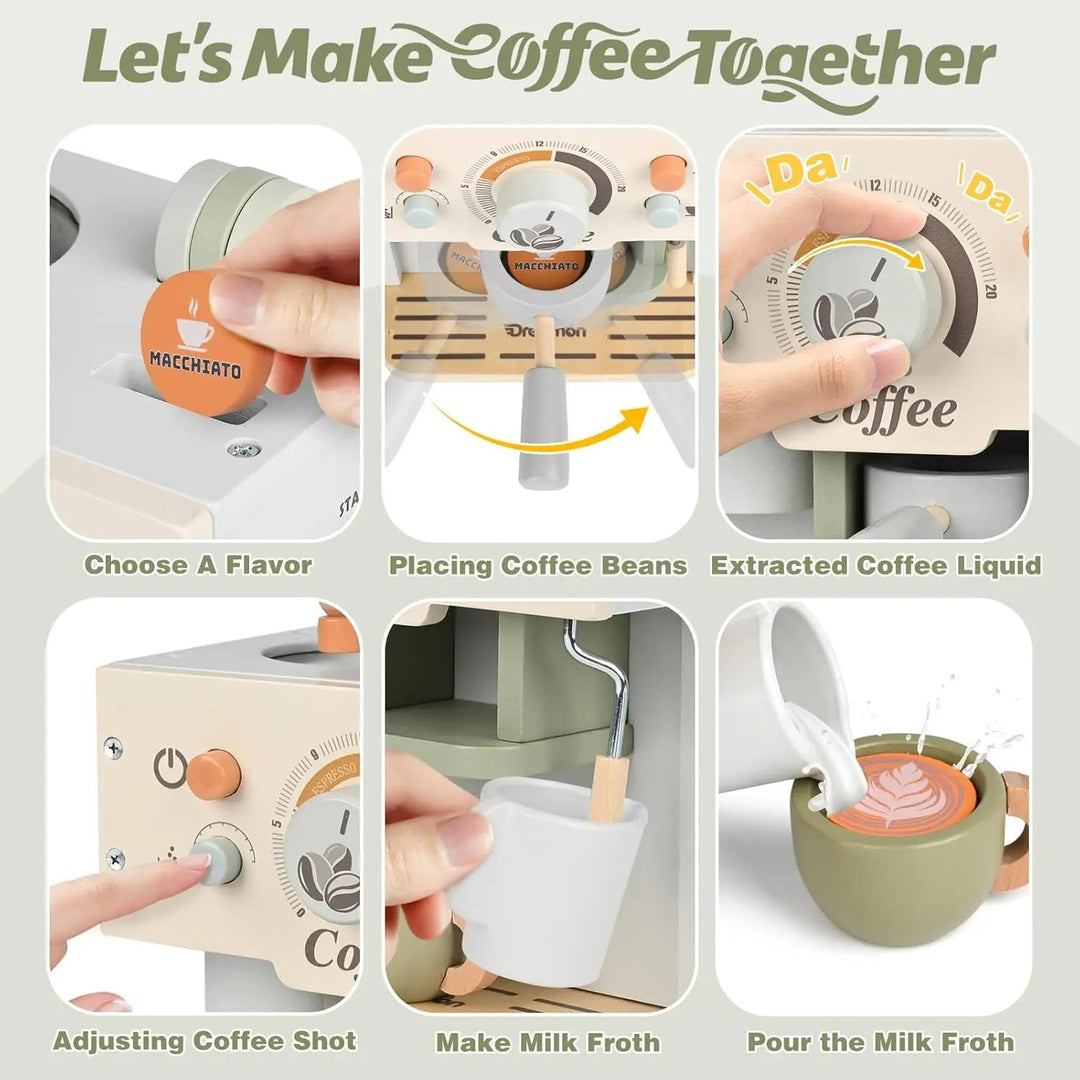Wooden Toy Coffee Maker Playset for Kids 