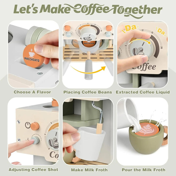 Wooden Toy Coffee Maker Playset for Kids 