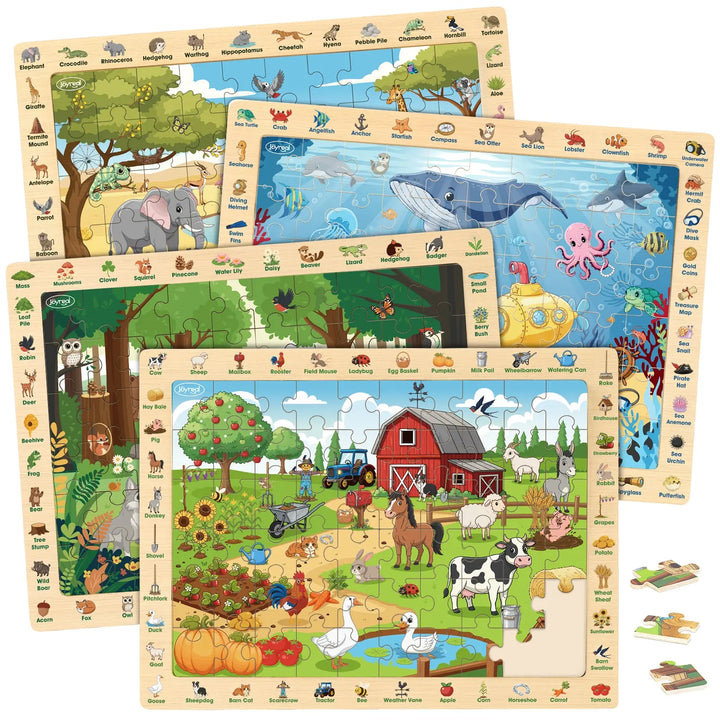 Wooden Animal Puzzles for Kids 3-6 | 4 x 60-Piece Search &amp; Find Puzzles 