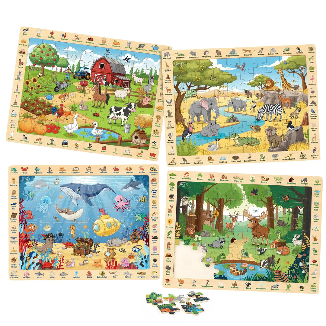 Wooden Animal Puzzles for Kids 3-6 | 4 x 60-Piece Search & Find Puzzles 