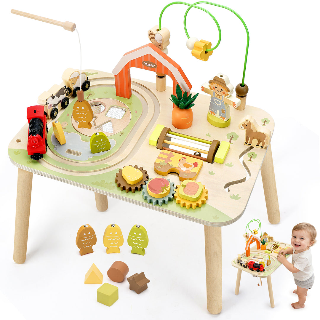 10-in-1 Farm Activity Table for Toddlers – Montessori Wooden Sensory Toy