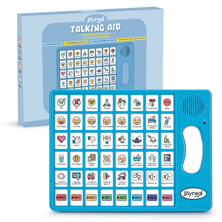 Joyregal Talking Aid electronic board game with a blue control panel in front of its light blue retail box, featuring many colorful icon buttons on a white background.