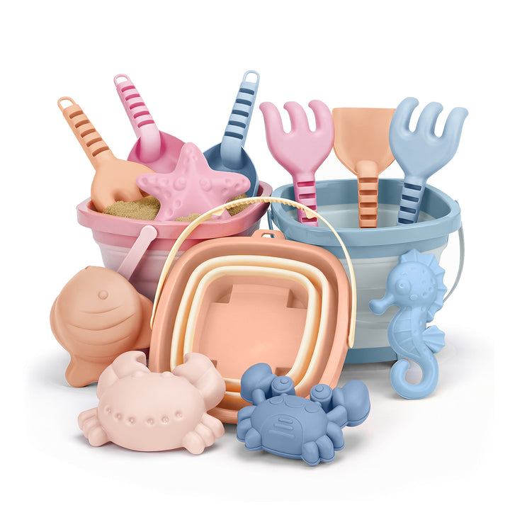Portable Sand Play Kit with Foldable Buckets & Mesh Storage