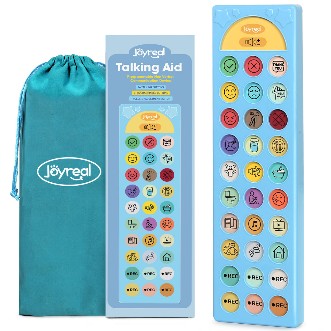 Jöyreal Talking Aid toy set with a blue drawstring storage bag, retail box, and the main rectangular control panel on a white background.