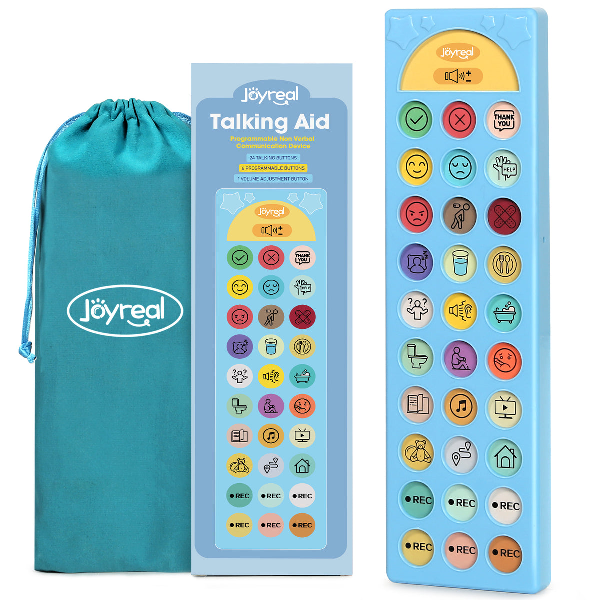 Jöyreal Talking Aid toy set with a blue drawstring storage bag, retail box, and the main rectangular control panel on a white background.