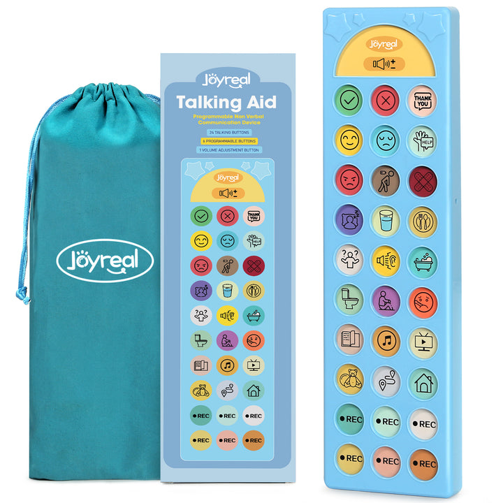 Jöyreal Talking Aid toy set with a blue drawstring storage bag, retail box, and the main rectangular control panel on a white background.