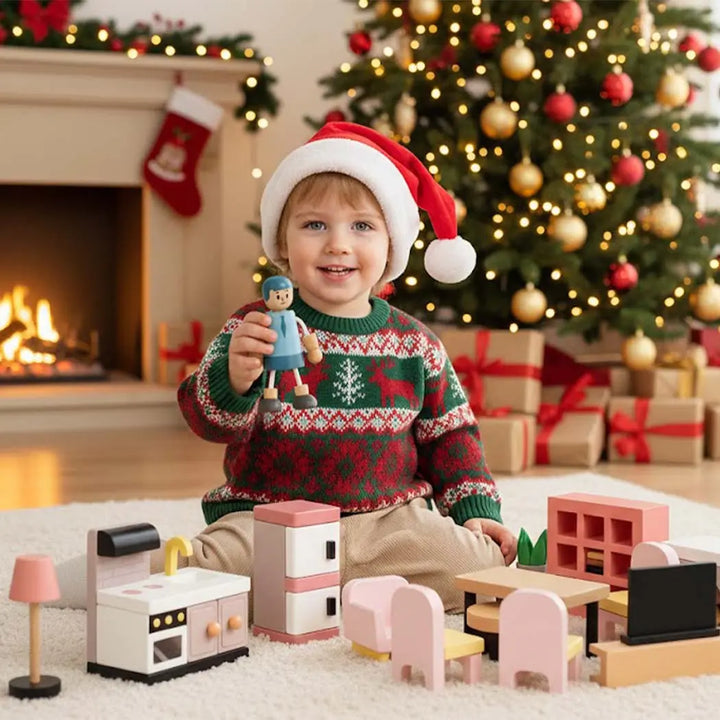 Wooden Dollhouse Furniture Set with Dolls 
