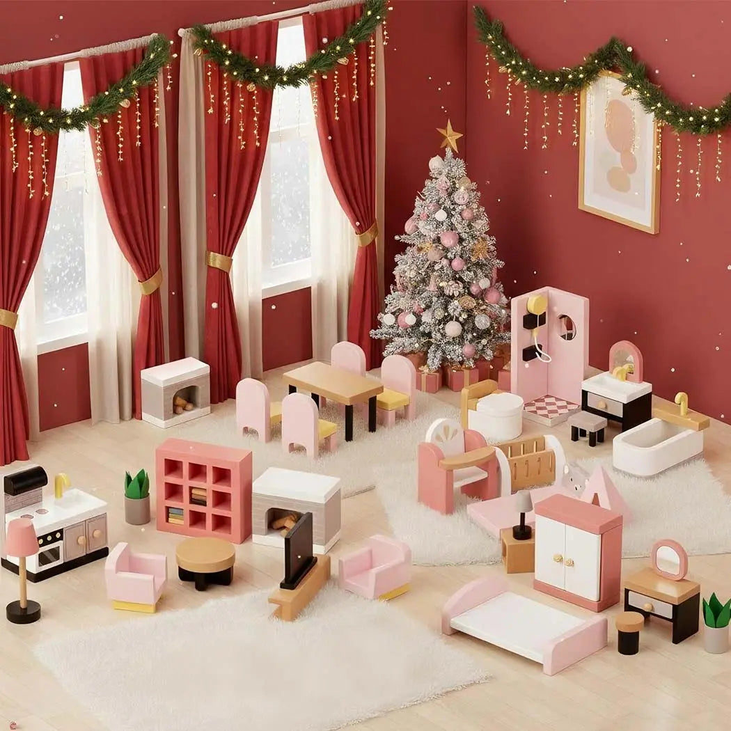 Wooden Dollhouse Furniture Set with Dolls 