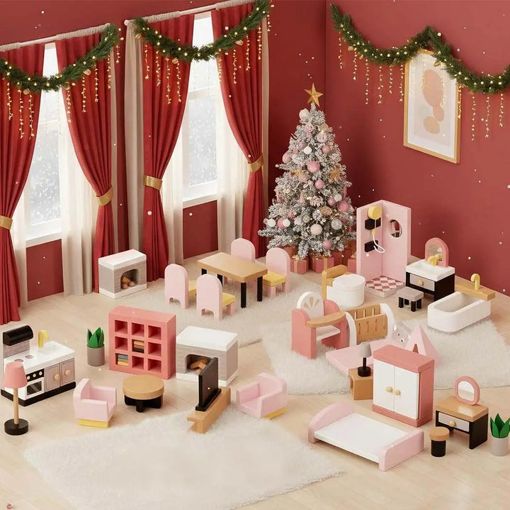 Wooden Dollhouse Furniture Set with Dolls 