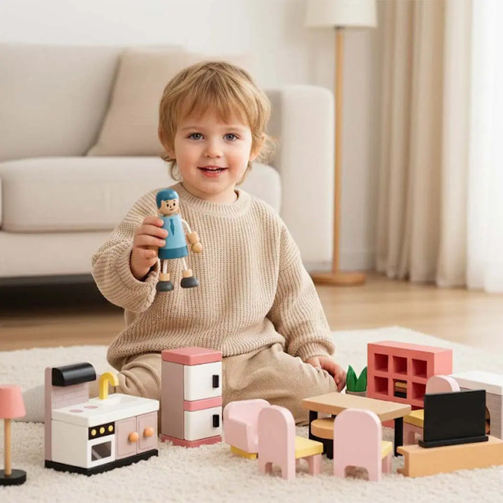 Wooden Dollhouse Furniture Set with Dolls 