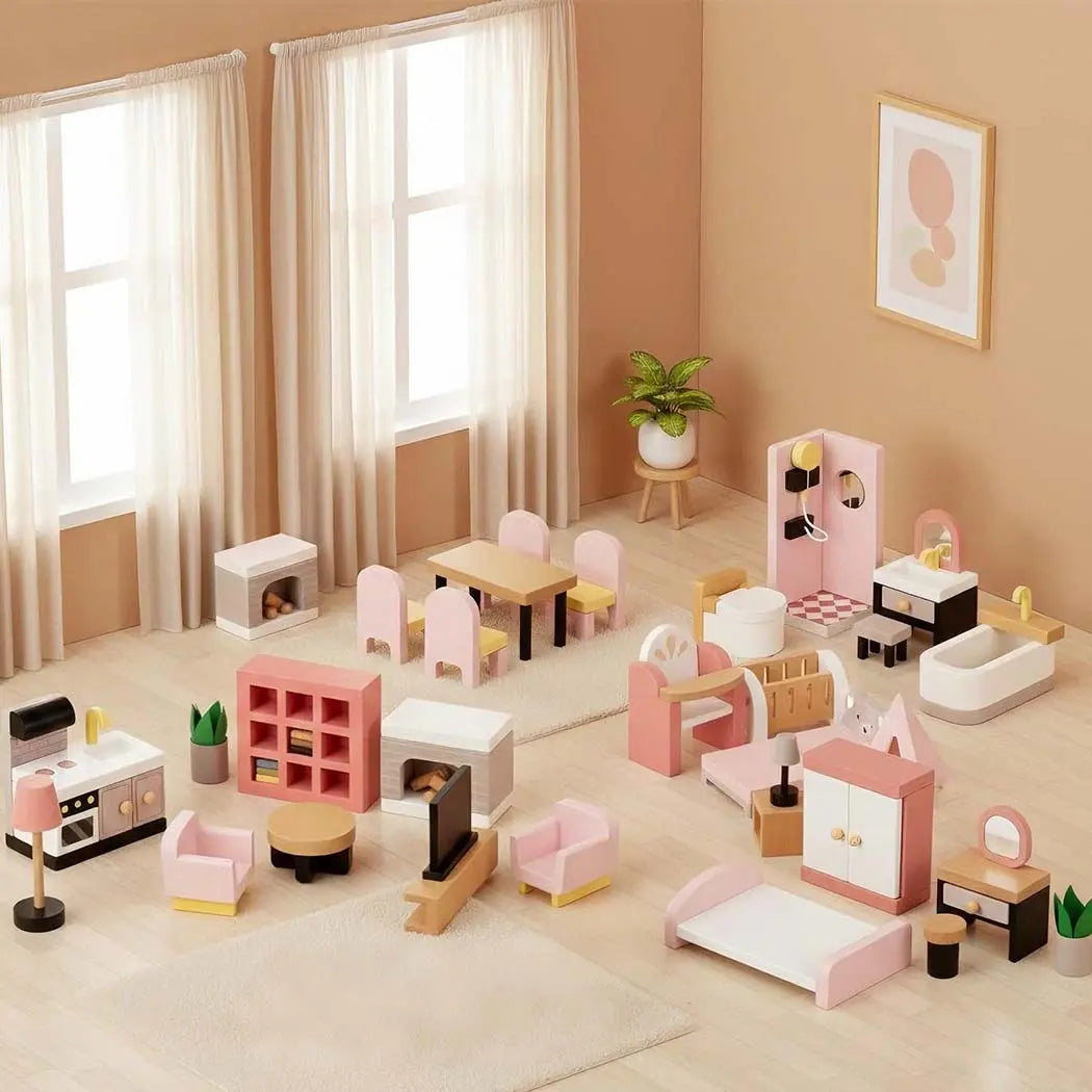 Wooden Dollhouse Furniture Set with Dolls 