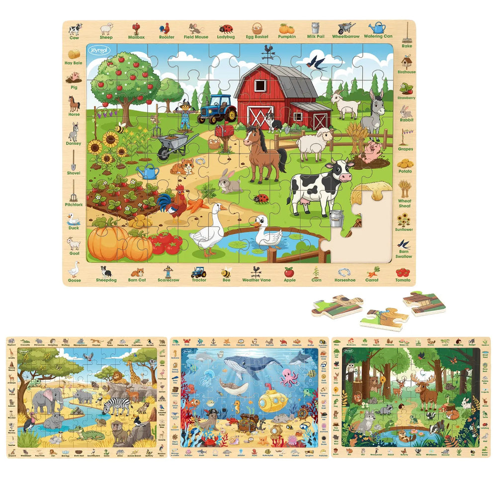 Wooden Animal Puzzles for Kids 3-6 | 4 x 60-Piece Search & Find Puzzles 