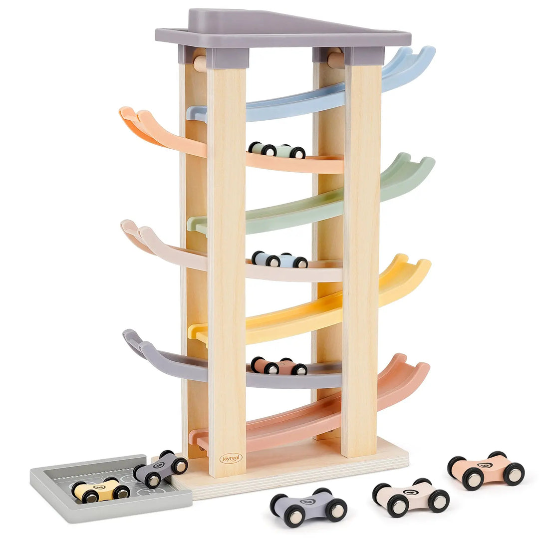Wooden Car Ramp Racer Toys with 8 Mini Cars & 2 Garages 