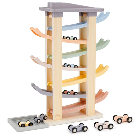 Wooden Car Ramp Racer Toys with 8 Mini Cars & 2 Garages 