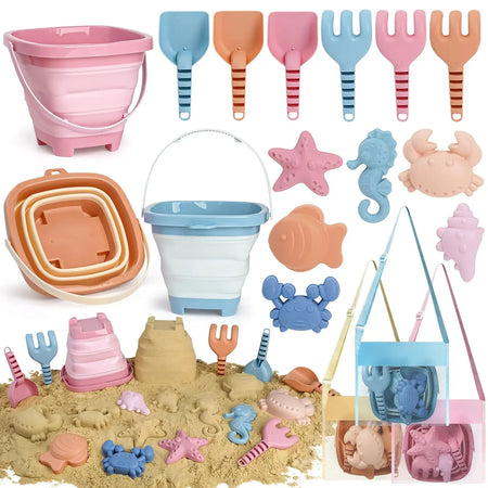 Portable Sand Play Kit with Foldable Buckets & Mesh Storage 
