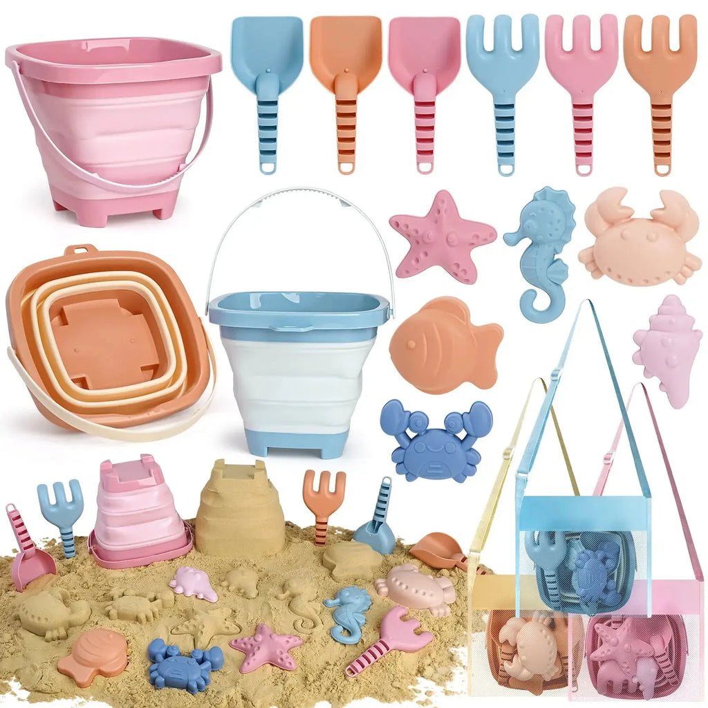 Portable Play Kit Foldable Buckets & Mesh Storage