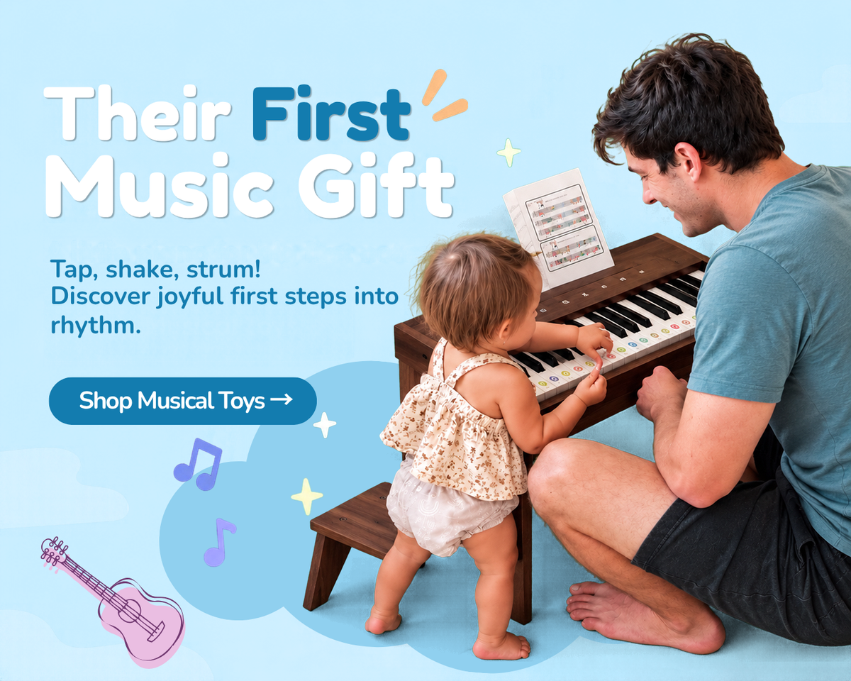 A man and a toddler are playing with a small wooden toy piano on a light blue background with promotional text reading 'Their First Music Gift' and 'Shop Musical Toys'.