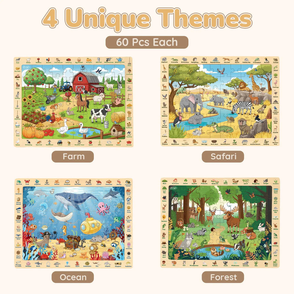 Wooden Animal Puzzles for Kids 3-6 | 4 x 60-Piece Search & Find Puzzles 
