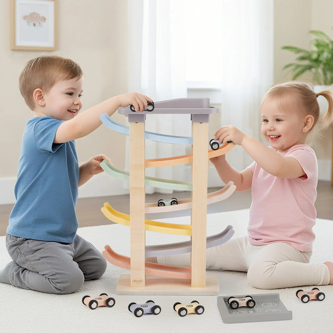 Wooden Car Ramp Racer Toys with 8 Mini Cars & 2 Garages 