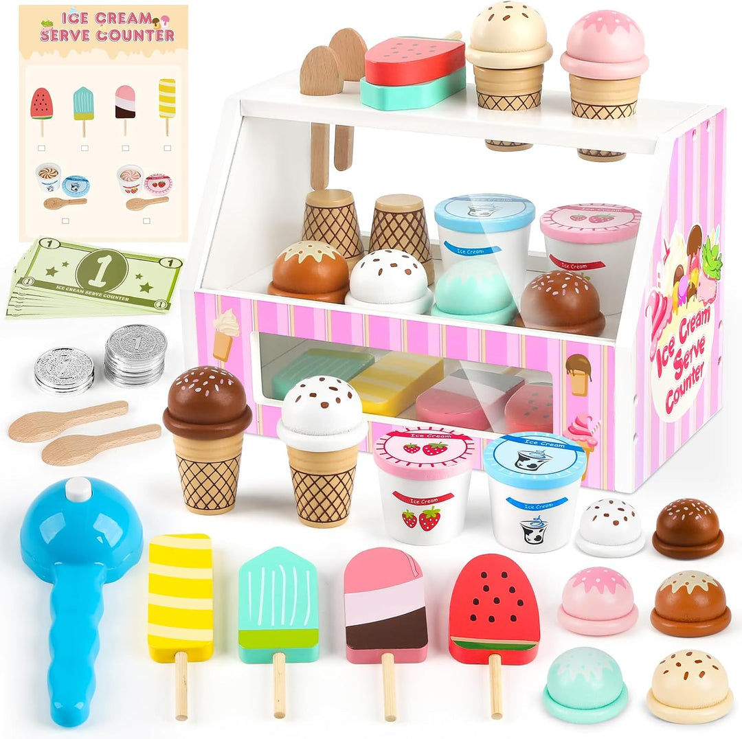 38 PCS Wooden Ice Cream Set Shop for Toddlers