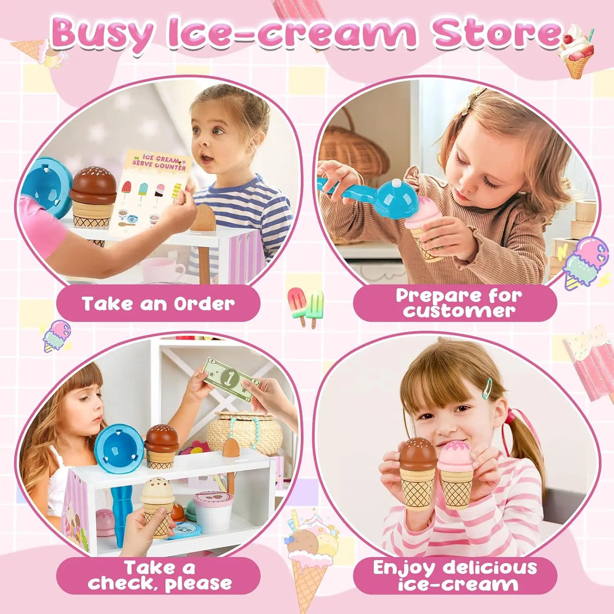 38 PCS Wooden Ice Cream Set Shop for Toddlers 