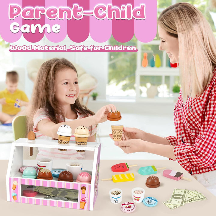 38 PCS Wooden Ice Cream Set Shop for Toddlers