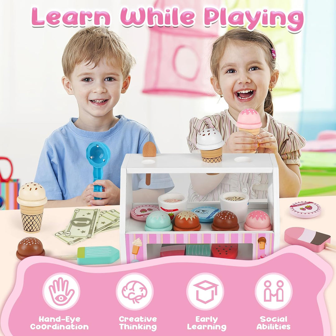 38 PCS Wooden Ice Cream Set Shop for Toddlers