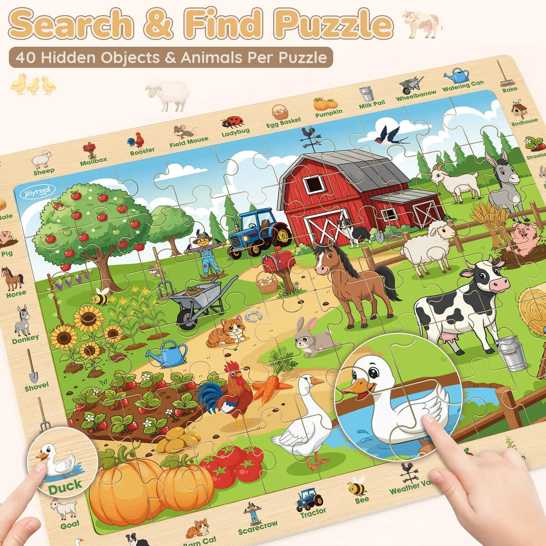 Wooden Animal Puzzles for Kids 3-6 | 4 x 60-Piece Search &amp; Find Puzzles 
